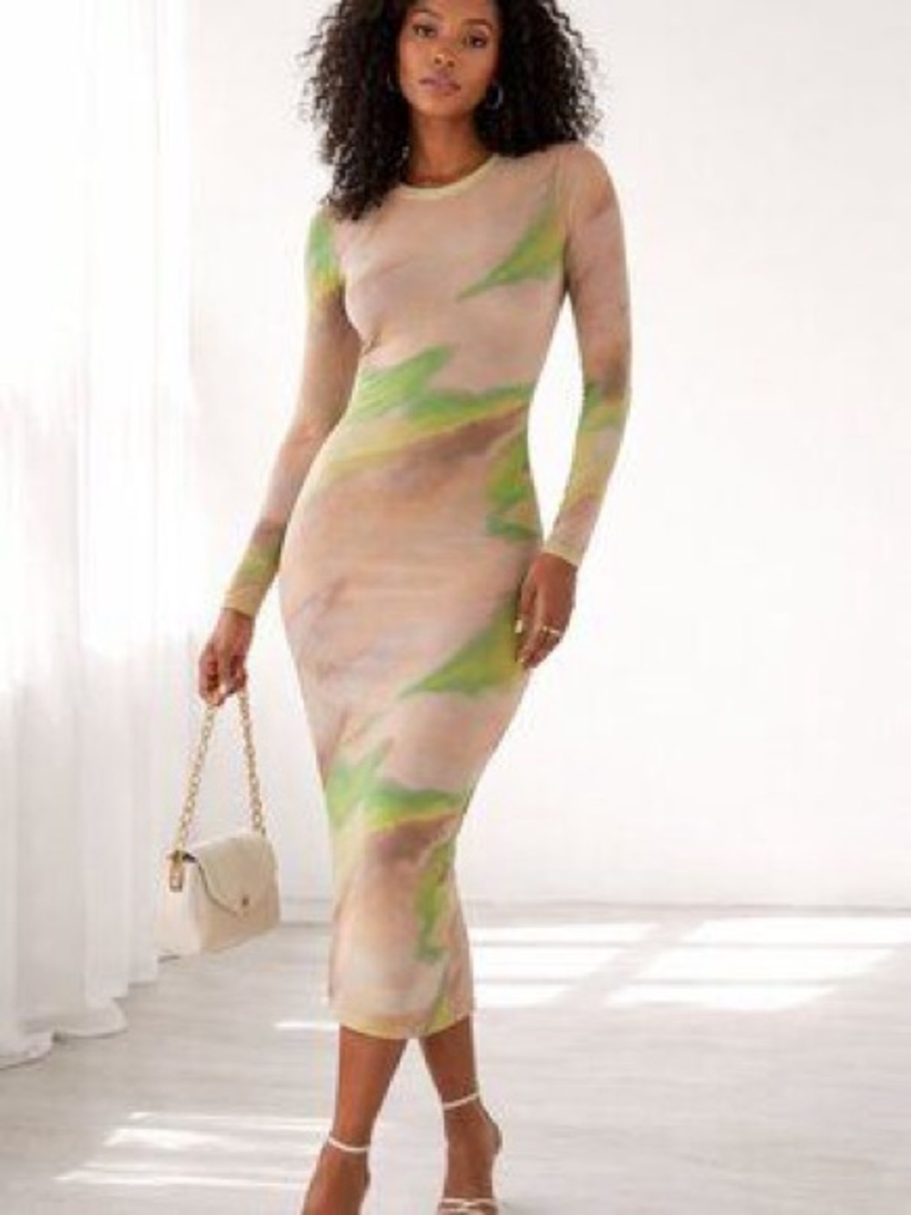 AFRM Beige & Neon Green Long Sleeve Sheer Midi Dress